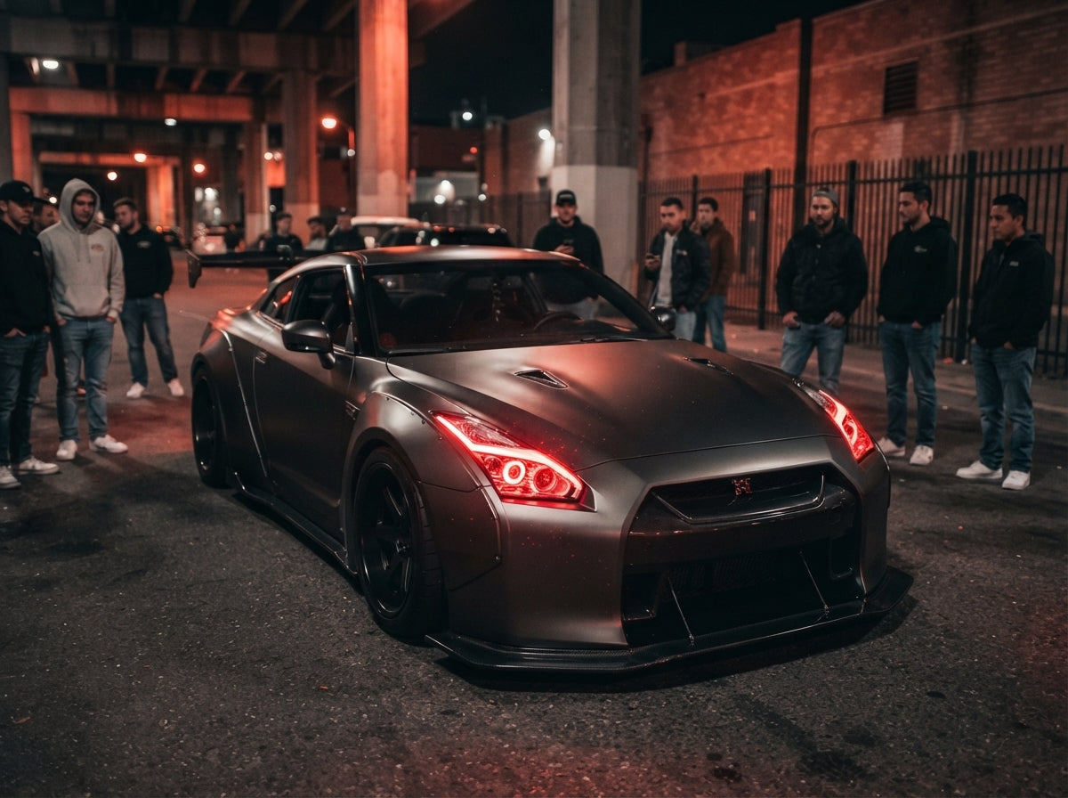 Modified sports car with glowing red Devil Eye LED headlights illuminated at a nighttime car meet.