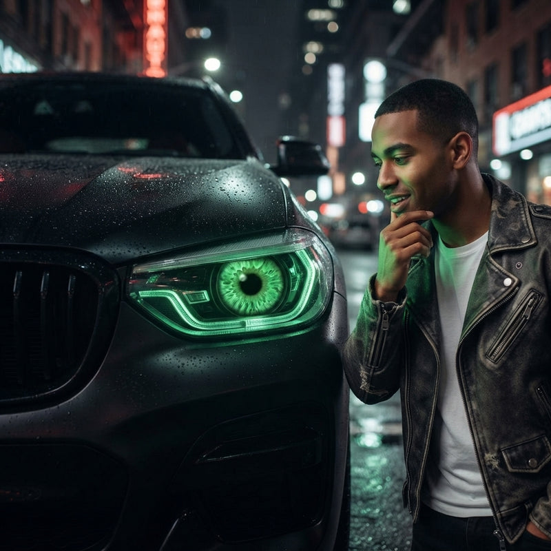 A modern car parked on a city street at night with glowing red Devil Eye LED headlights installed, set against a blurred urba